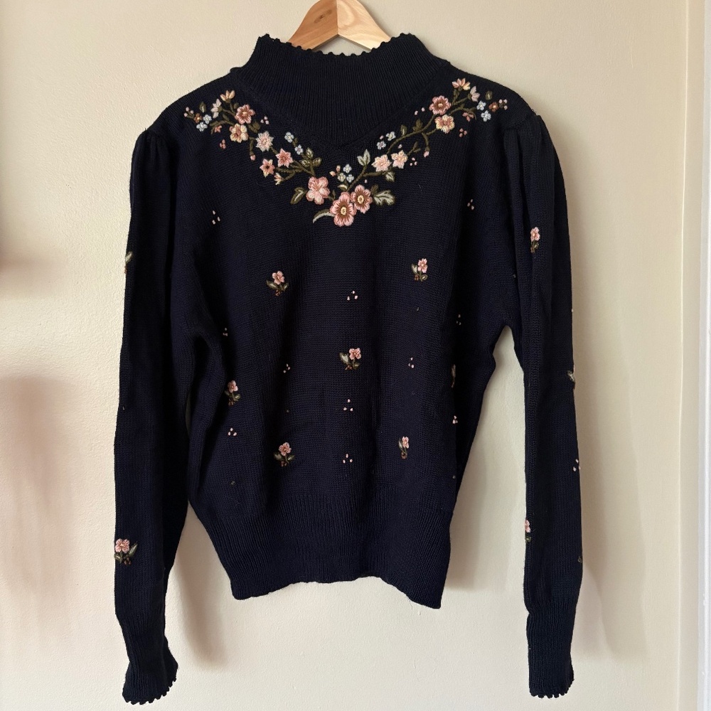 Vintage Hand Embroidered Flower Wool Sweater